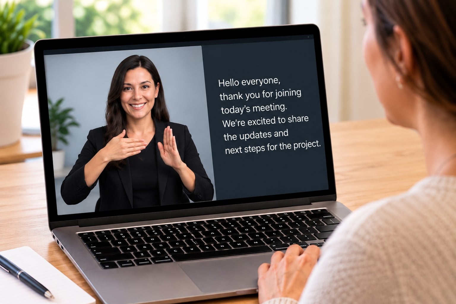 A person watches an ASL Interpreter signing on a laptop screen next to live captions of the meeting.