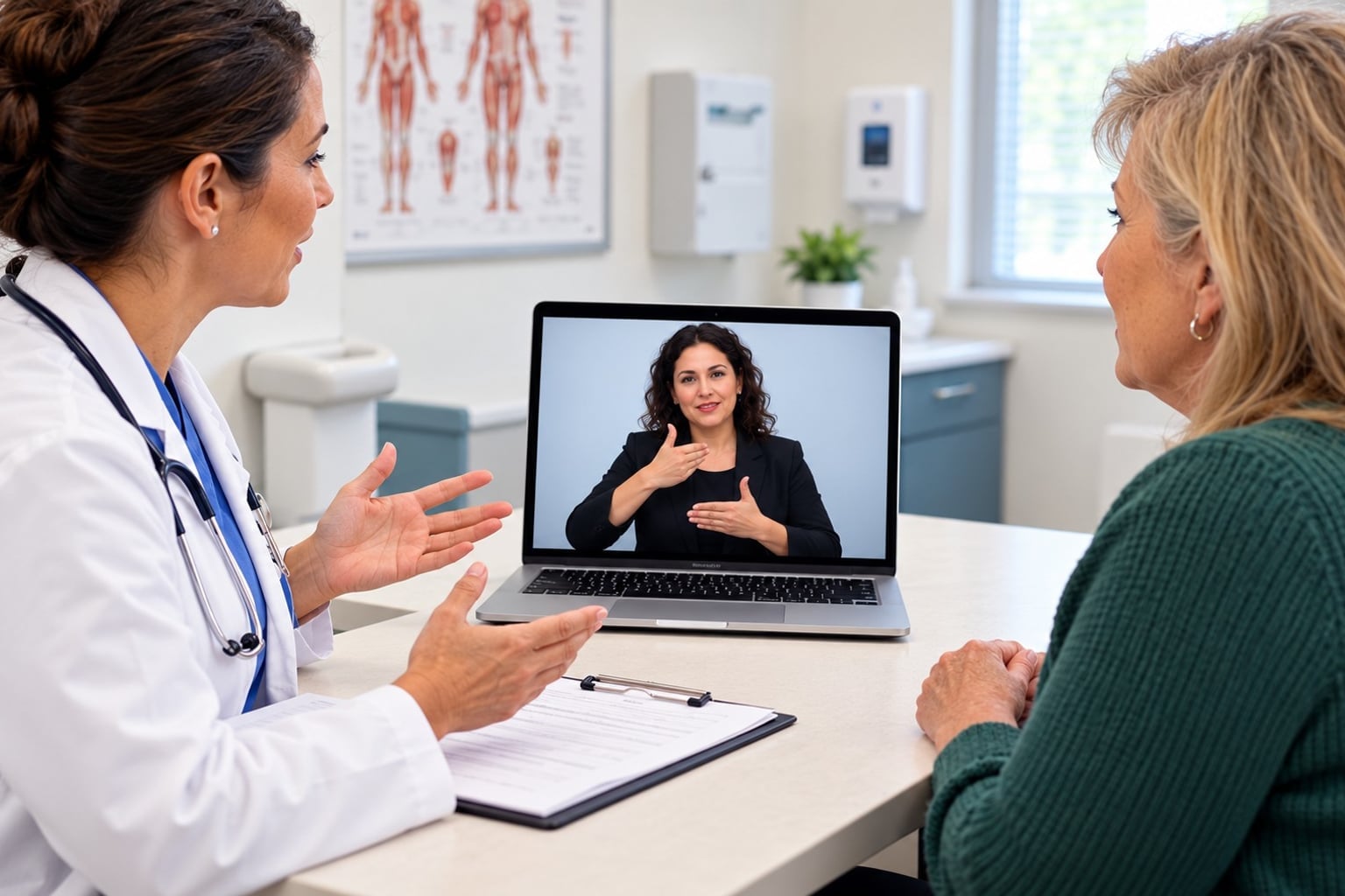 A doctor talks with a patient while an ASL Interpreter signs over video on a laptop.